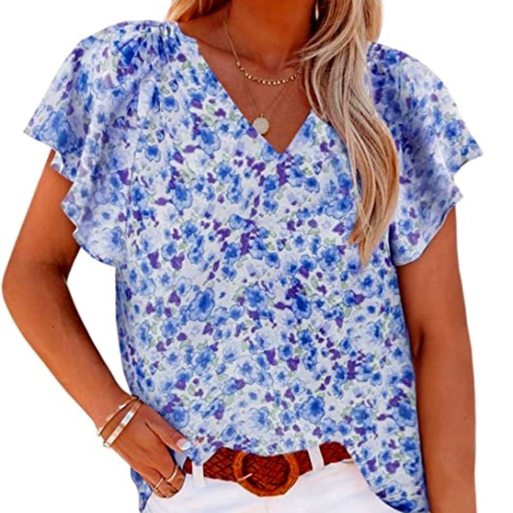 Women's Casual Boho Floral Print V-Neck Petal Sleeve Blouse